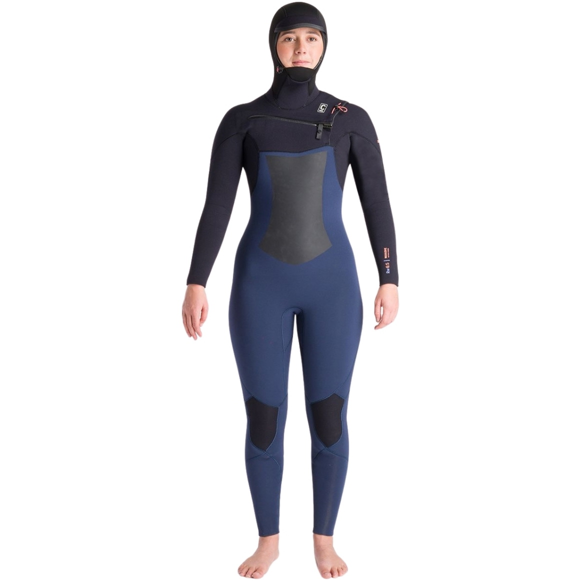 2025 C-Skins Womens NuWave ReWired 6/5mm Chest Zip Hooded Wetsuit C-NRW65WH - Bluestone / Black x / Coral